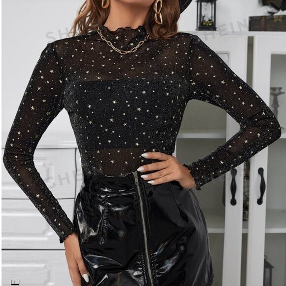 SHEIN BAE Mock Neck Star Mesh Top Without Bra NWT - Picture 1 of 8